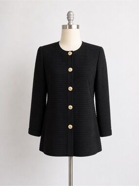 Louis Feraud Black Wool Blend Textured Blazer with Gold Buttons